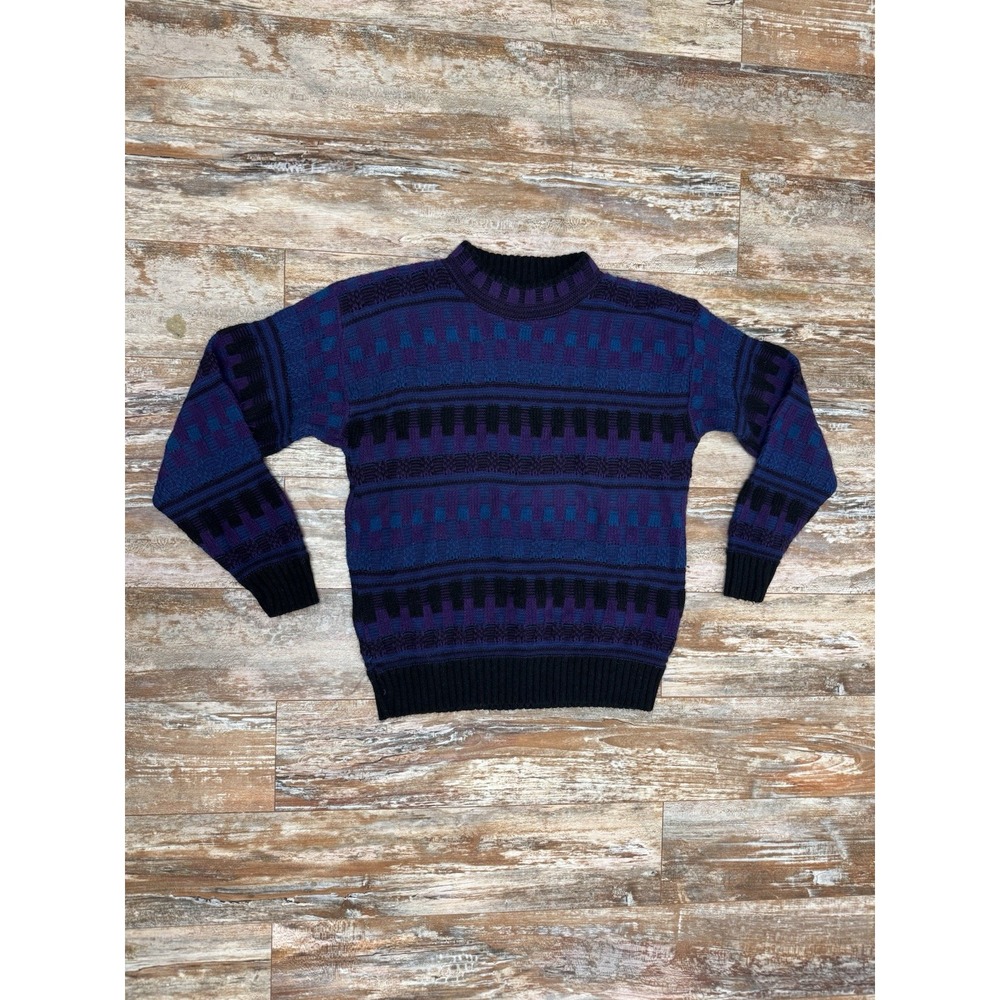 Vintage 80's Scandia Acrylic Sweater Size Large Purple Blue Black Pullover